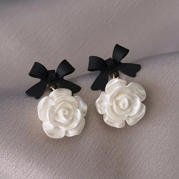 White Rose with Black Bow Stud Earrings - Picture 3 of 3
